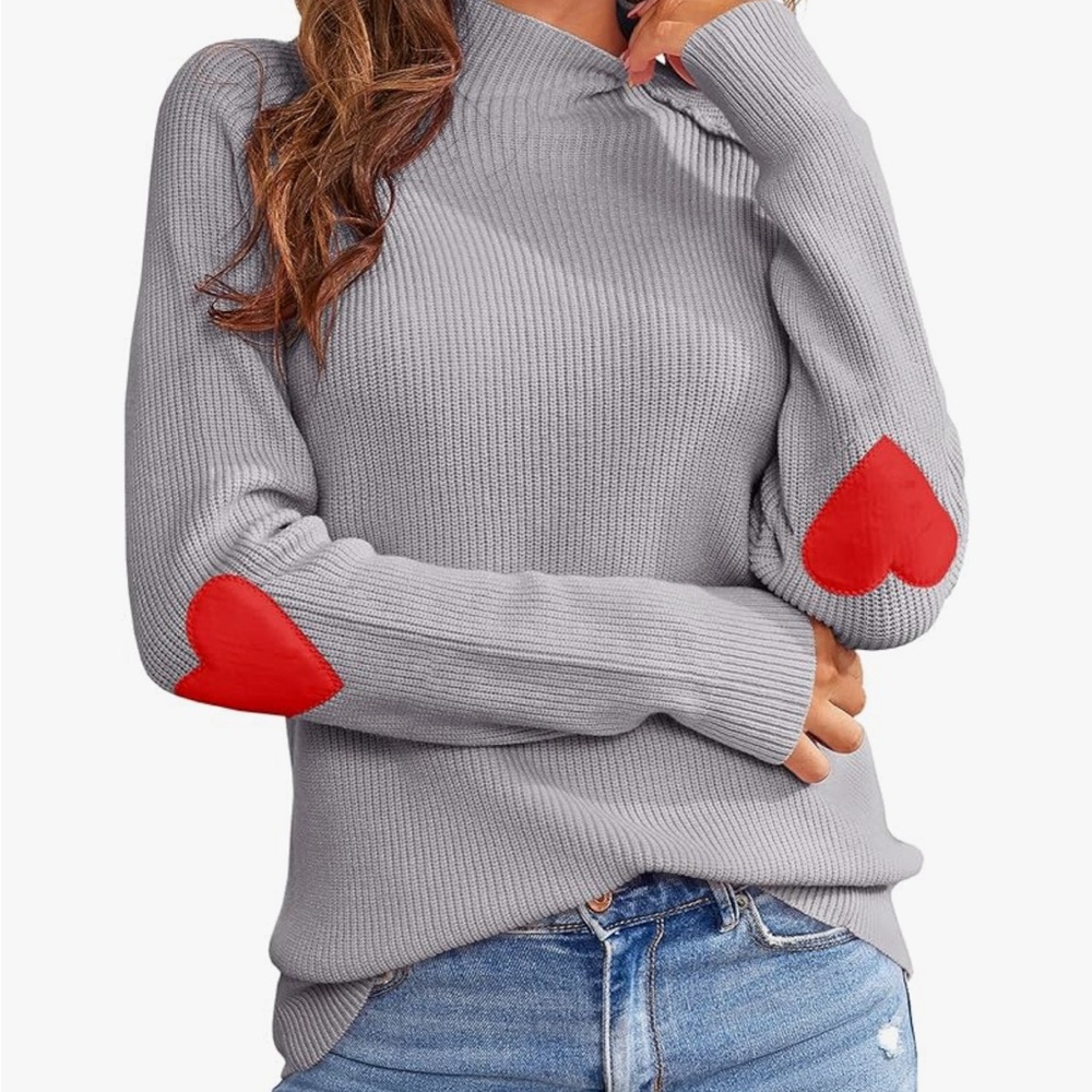 Lavender Knit Turtleneck Slouchy Sweater, Red Heart Elbow Patches, Ladies Large